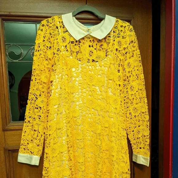 Modcloth | Dresses | Modcloth Yellow Crochet Lace Satin Collar Dress Size  Large | Poshmark